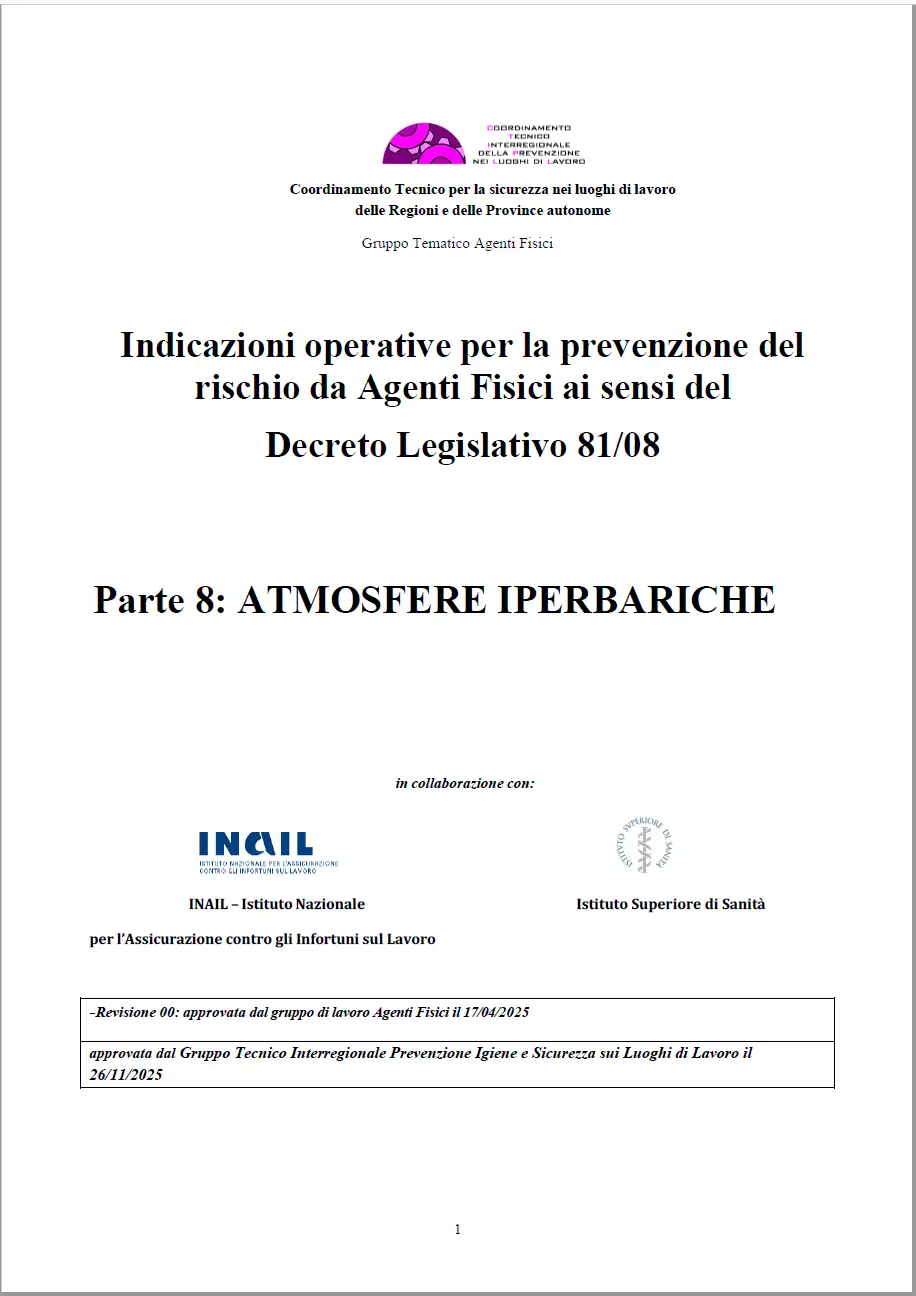 Indicazioni operative rischio agenti fisici ISS/INAIL 2025: Atmosfere iperbariche
